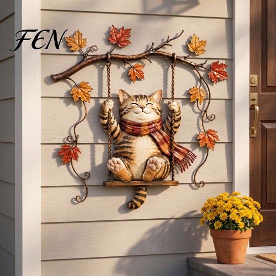 Autumn Theme Door Decorations Cat Metal Wall Decor, Fall Tin Sign Plaque, Swing Indoor Outdoor Art Decoration for Thanksgiving Harvest Festival,
