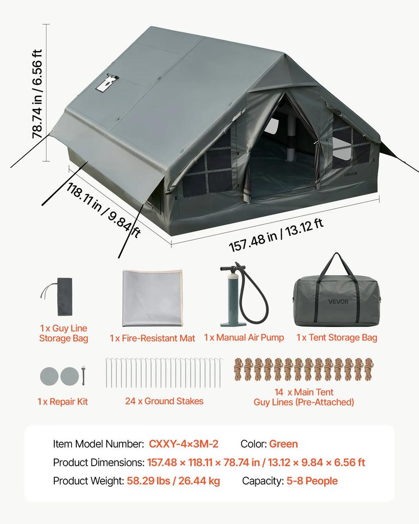 VEVOR Tenda Gonfiabile per Campeggio 5-8 Persone Tenda Gonfiabile con Pompa a Mano, per Famiglia Outdoor Glamping, Impermeabile 420D Oxford
