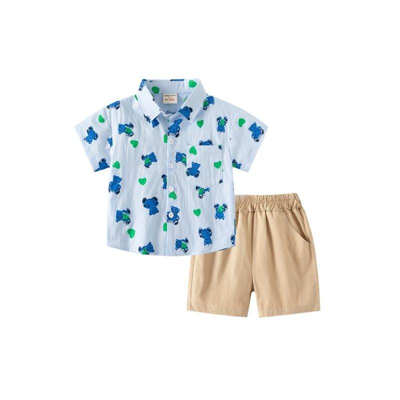 Children's Clothing Summer Boys' Bear Lapel Shirt Baby Polo Shirt Short Sleeve Shorts Suit Children's Shirt Cropped Pants