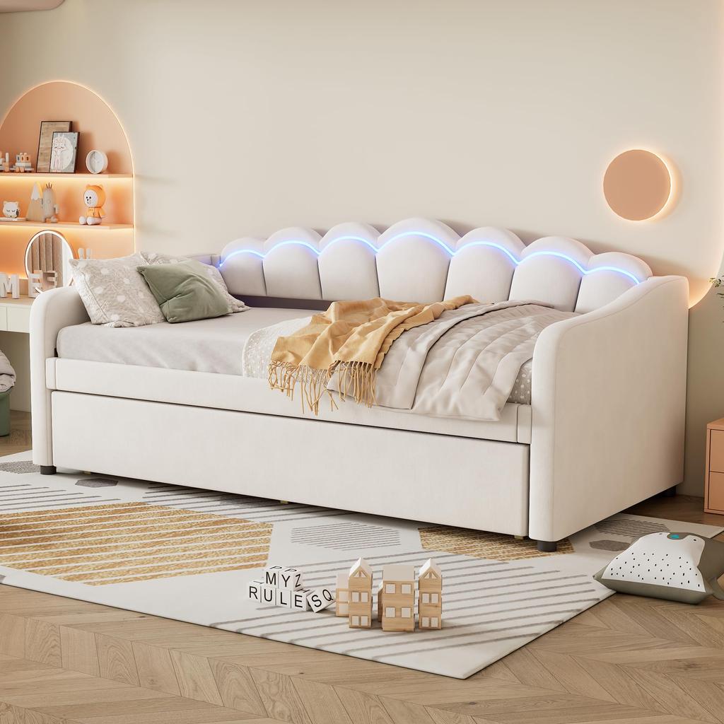 Sofa Bed Upholstered Bed 90x200 Cm Extendable Sofa Bed Rollers LED Light Velvet Minimalist Guest Bed Teenagers Children Without Mattress Beige