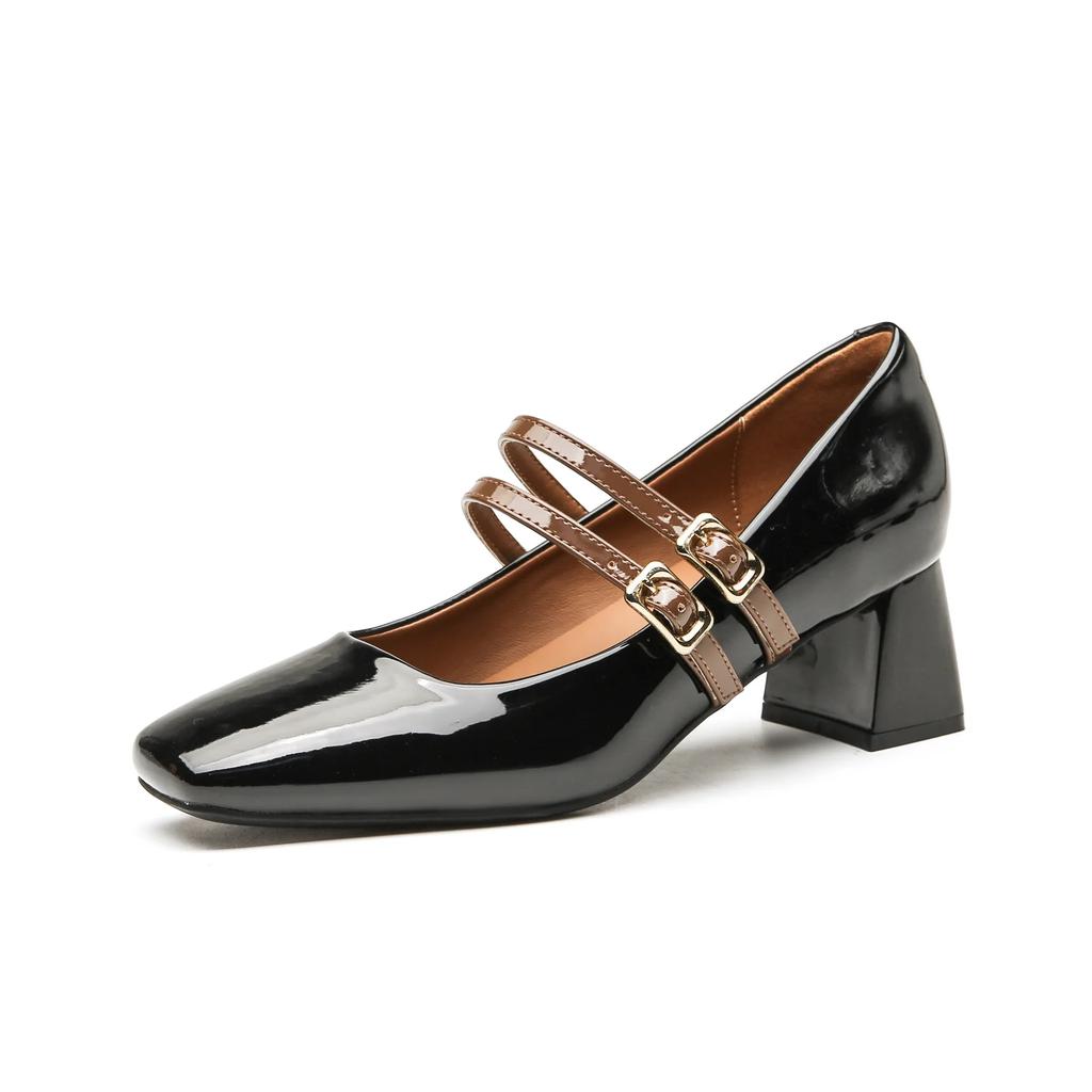 Fashion 2025 Women Heels Shoes Spring Double Buckle Square Toe Mary Jane Shoes Autumn Woman Patent Leather Thick High Heels Dress Shoes