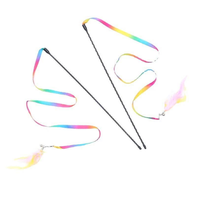 Simulation Feather Interactive Cat Toy Satin Ribbon Bell Cat Stick Toys Kitten Playing Teaser Wand Toy Cat Supplies Accessories