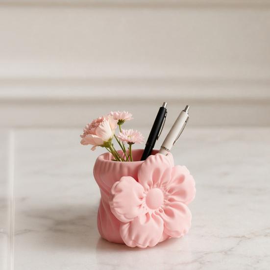 3D Printed Silk Flower Pen Holder, Cute Puff Flower Desk Organizer, Makeup Brush Storage, Vase Decorative Gift for Students Girls