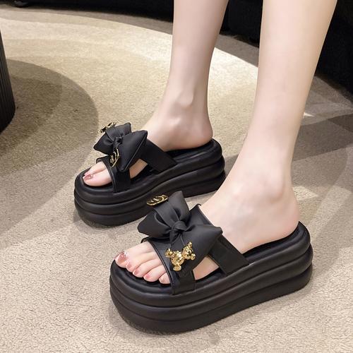 Fashion 7CM Platform Slippers Women Sandal 2024 New Summer Flat Slippers Women Bow Leather Beach Shoes Summer Footwear for Woman