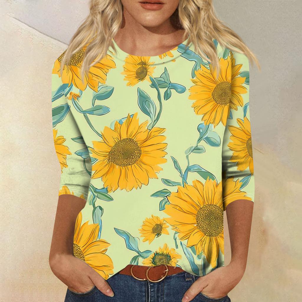 Women’s Casual Round Neck Long Sleeve T Shirt Sunflower Print Loose Fit Lightweight Pullover Top for Daily Wear
