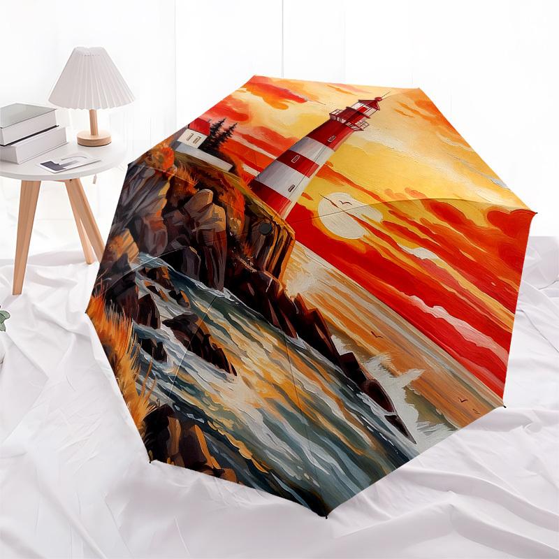 1pc Lighthouse Sunset Automatic Folding Umbrella, Heavy Duty 8 Rib Iron Frame,  Suitable for Travel, Daily Use, Birthday, Decor Gift M0105113