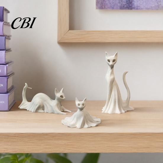 Ghost Skirt Cat Sculpture 3D Printed Statues, Halloween Haunted Kitten Figurines with Hollow Eyes Durable Statue & Flowing Drapes, Matte White Spooky