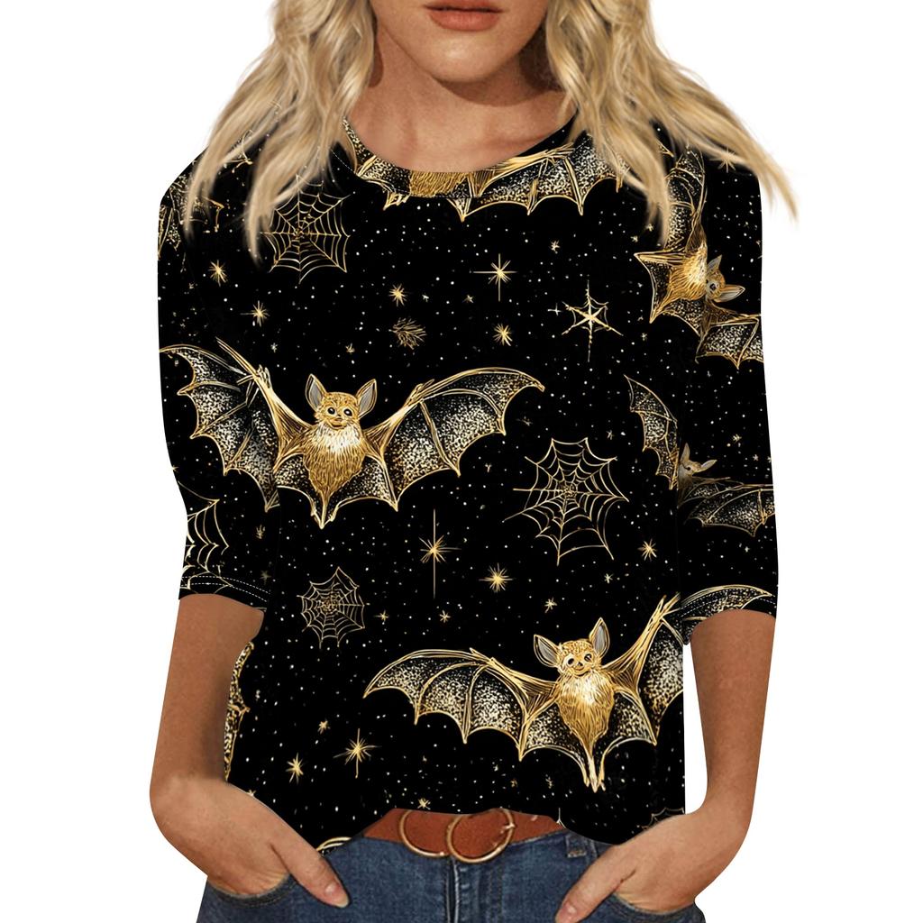 Women’s Halloween Print Crew Neck Three Quarter Sleeve Casual Top with and Bat Graphic for Holiday and Everyday Wear