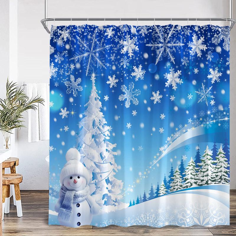 Cute Snowman Christmas Shower Curtains Xmas Tree Gift Winter Forest Red Bird Cedar Snowflake Scenery Home Bathroom Curtain Decor