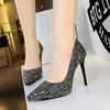Banquet High Heels Slim Heels Super High Heels Waterproof Platform Shallow Mouth Pointed Toe Sequin Single Shoes Women's Shoes