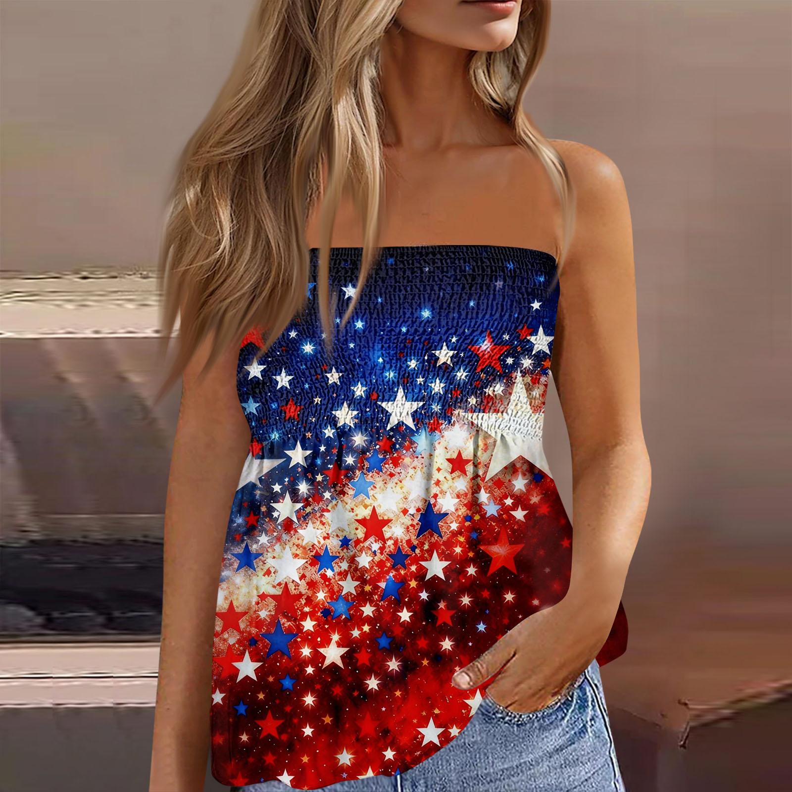 Womens Spring Tops Strapless Printed Tube Top Summer Shirts for Women Casual Style Womens Summer Shirts Dressy Tops for Women L синий