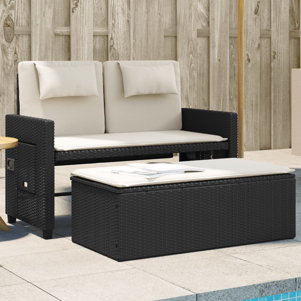 Vidaxl Folding Garden Bench With Cushions, Black, Poly Rattan