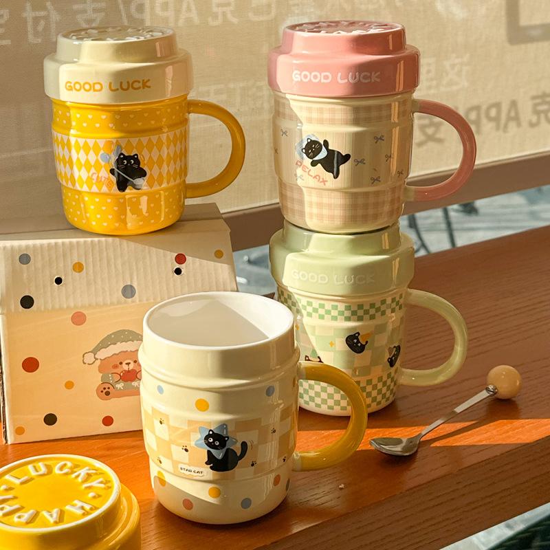 Hochwertige Milch-Fufu-Katzen-Tasse mit Deckel, niedliche Keramiktasse für Paare, Büro-Kaffeetasse, Geburtstagsgeschenk