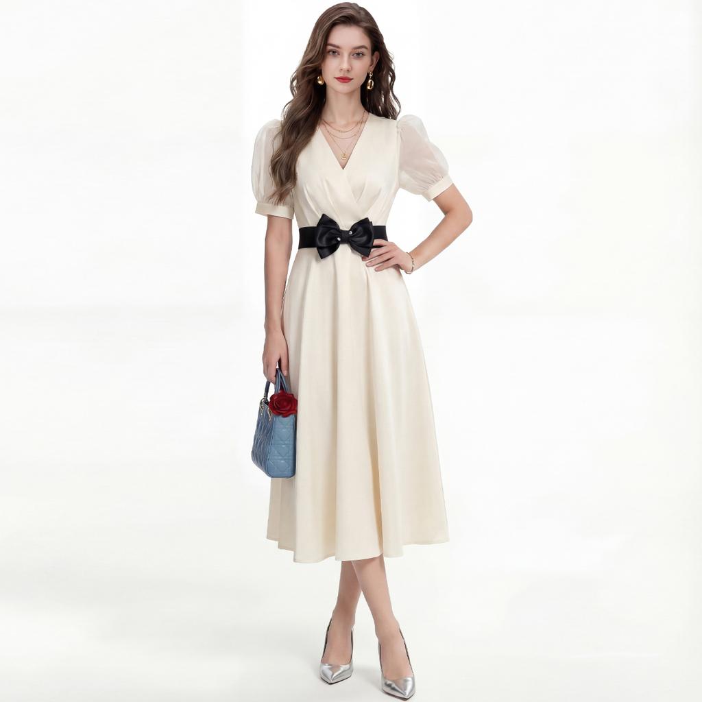 Elegant Evening Party Dress Summer Women Cross V-Neck Puff Short Sleeve Satin High Waist Belt Lace Up Midi Dress