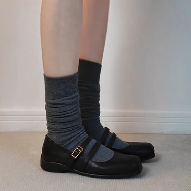 Sauskinnversjon~ Koreansk versjon av høst retro firkantet tå ballerinasko damesko fransk temperament grunn munn Mary Jane enkeltsko smal