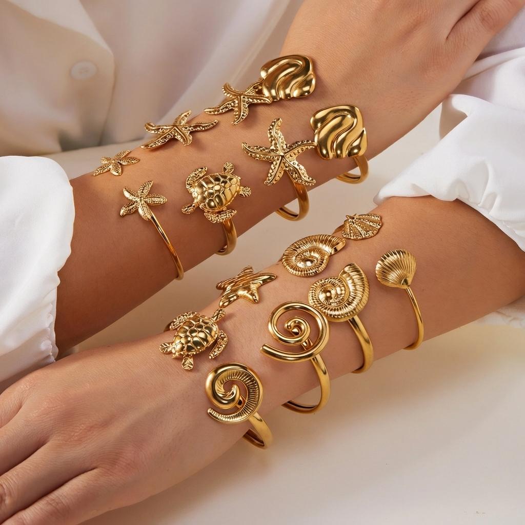 Women's Dainty Spiral Stainless Steel Cuff Bracelets Multilayer Shell Starfish Open Bangle Summer Beach Jewelry Gift