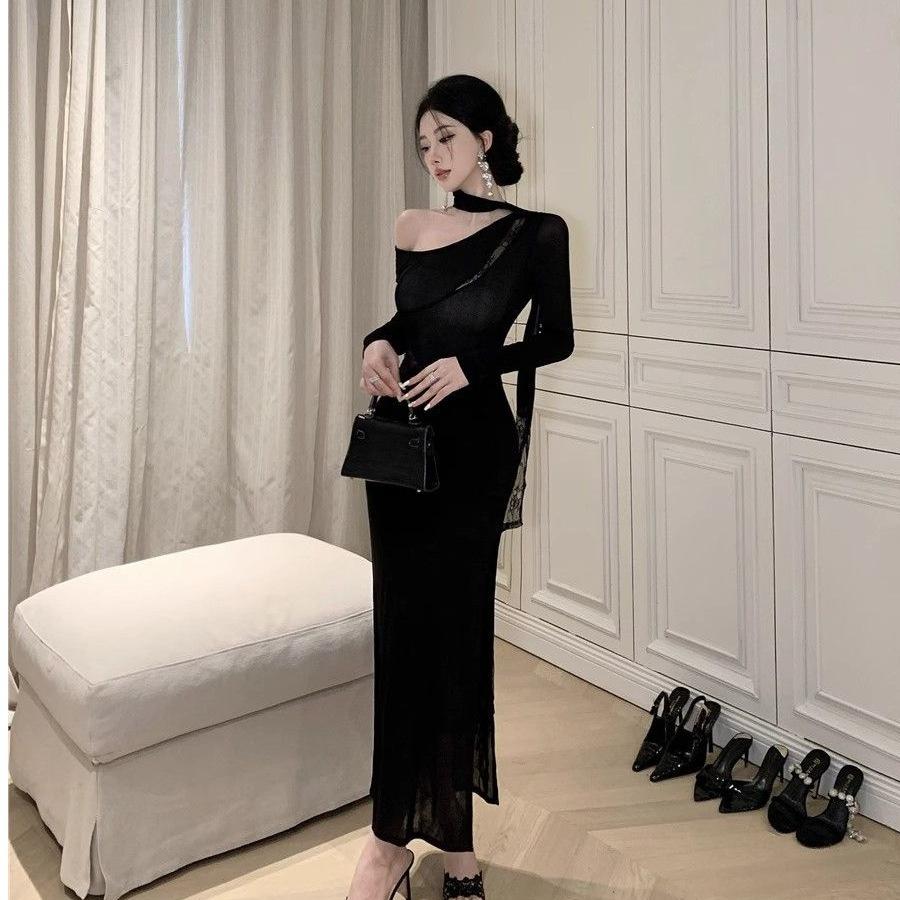 American Spice Girl Dress Women's Black Pure Wind Pinch Waist Hip Wrap Short Skirt One Shoulder Lace Off Shoulder Long Sleeve Women
