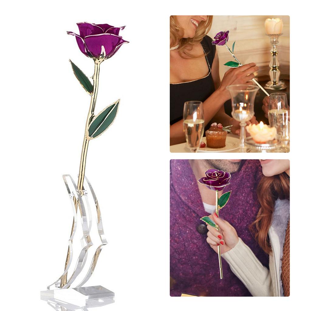 Real Purple Rose 24K Gold Dipped Preserved Flower Gifts with Stand for Valentines Day Anniversary