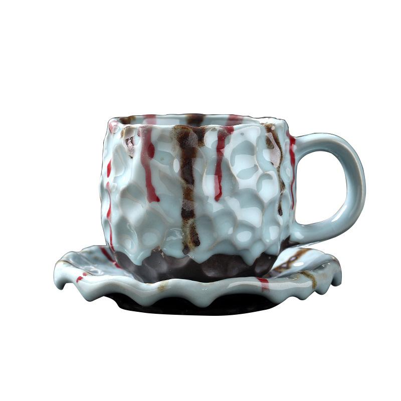 Vintage 270ML Keramik-Kaffeetasse mit Untertasse Hammerschlagmuster Steingut Espressotasse mit Henkel Japanischer Stil