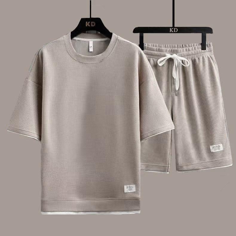 Men's Korean Style Summer Casual Waffle Knit 2-Piece Set: T-Shirt + Shorts