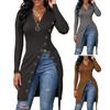 Women Spring Fall Top Zipper V Neck Long Sleeve High Split Hem Mid Length Elastic Lace Up Waist Strap Solid Color Lady Long Blouse