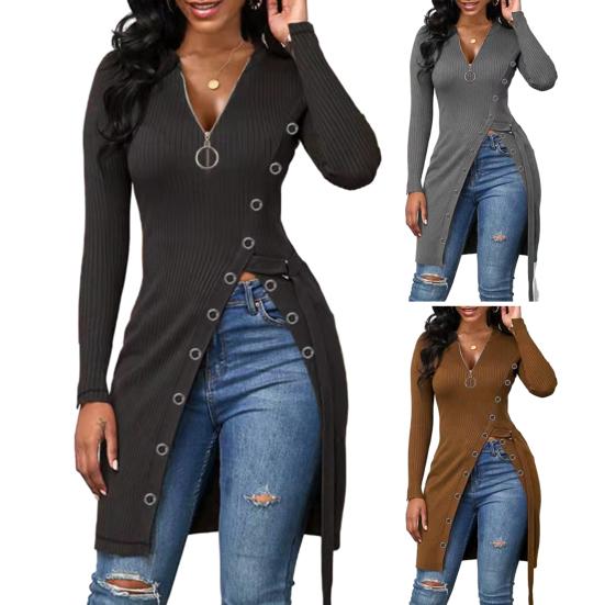 Women Spring Fall Top Zipper V Neck Long Sleeve High Split Hem Mid Length Elastic Lace Up Waist Strap Solid Color Lady Long Blouse