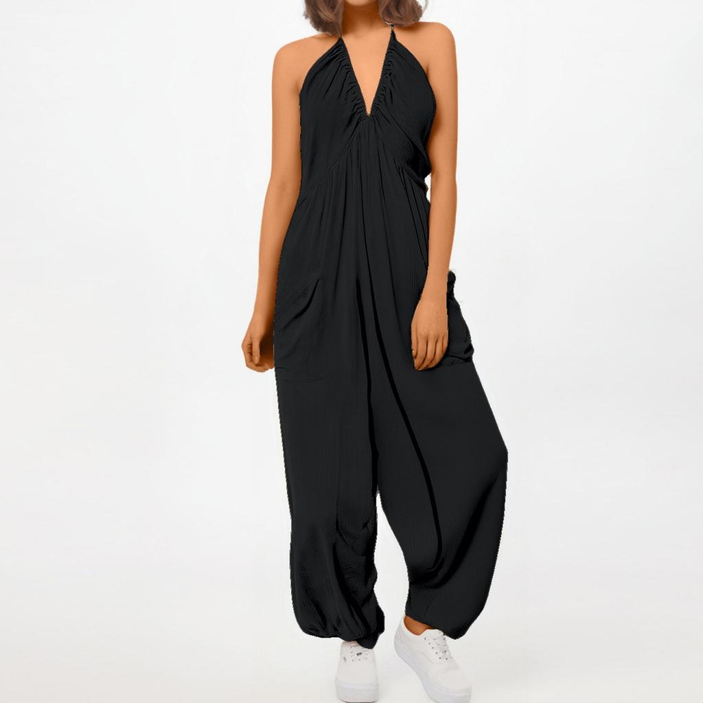 Casual Wide Leg Jumpsuits For Women Solid Color Overalls Rompers Summer Outfits With Pockets