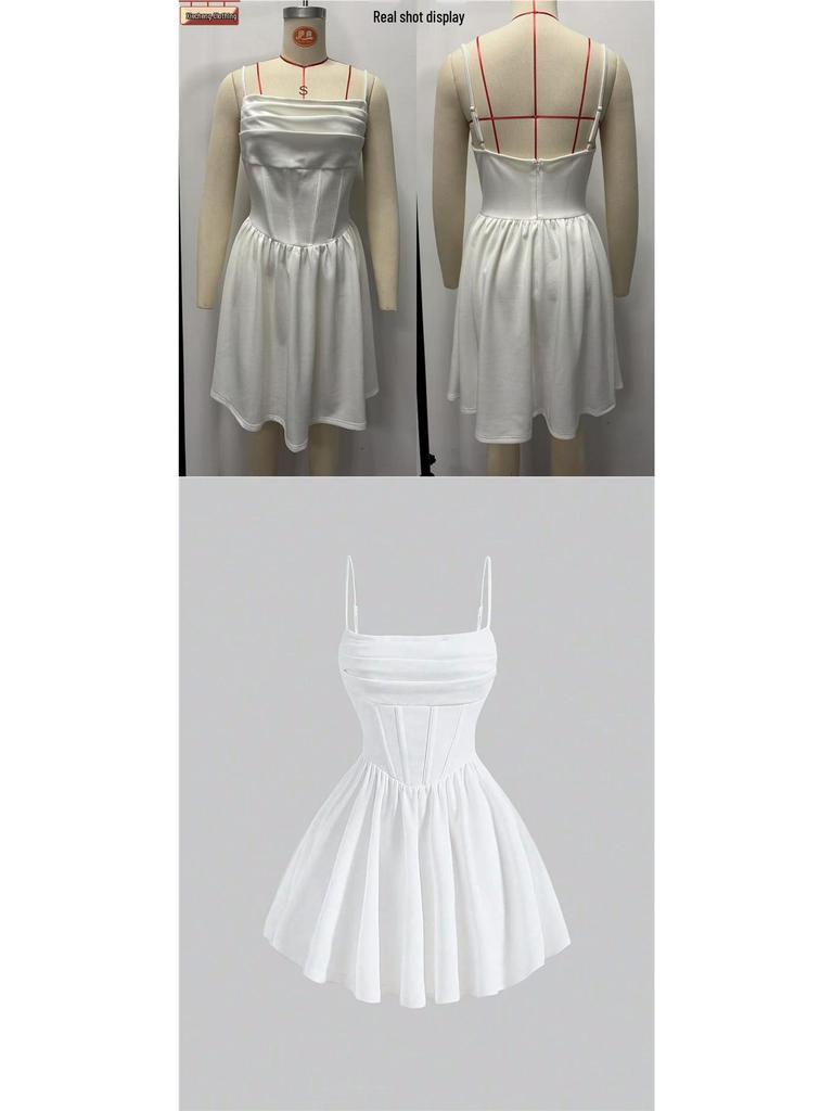 New Summer Fashion Evening Gown: Sexy Solid Color Pleated Dress with Back Zipper & Spaghetti Straps