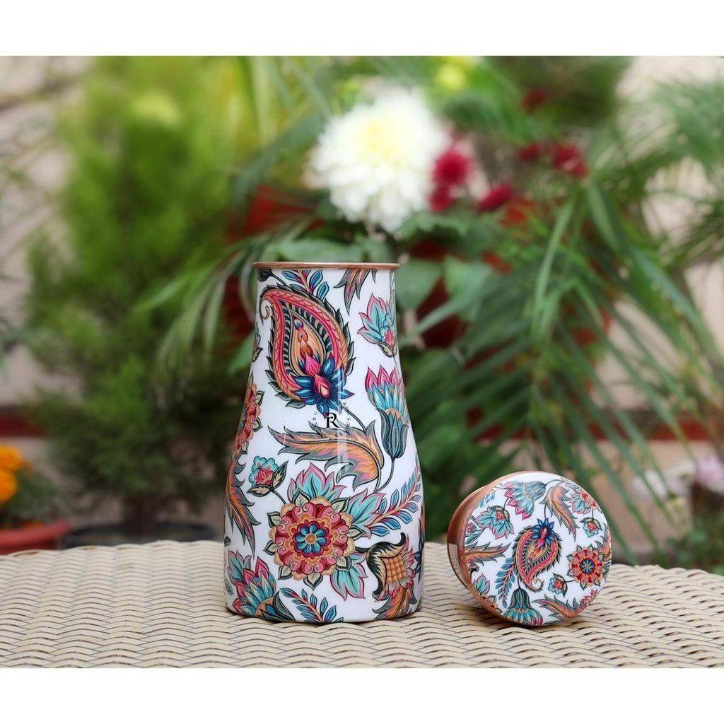 Print Copper Water Bottle Jar - 1L | With Inbuit Glass In Lid | Beautiful And Elegant  Print Design | Kitchen And Bedroom Sugar Water Storage Pot