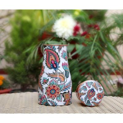 Print Copper Water Bottle Jar - 1L | With Inbuit Glass In Lid | Beautiful And Elegant  Print Design | Kitchen And Bedroom Sugar Water Storage Pot