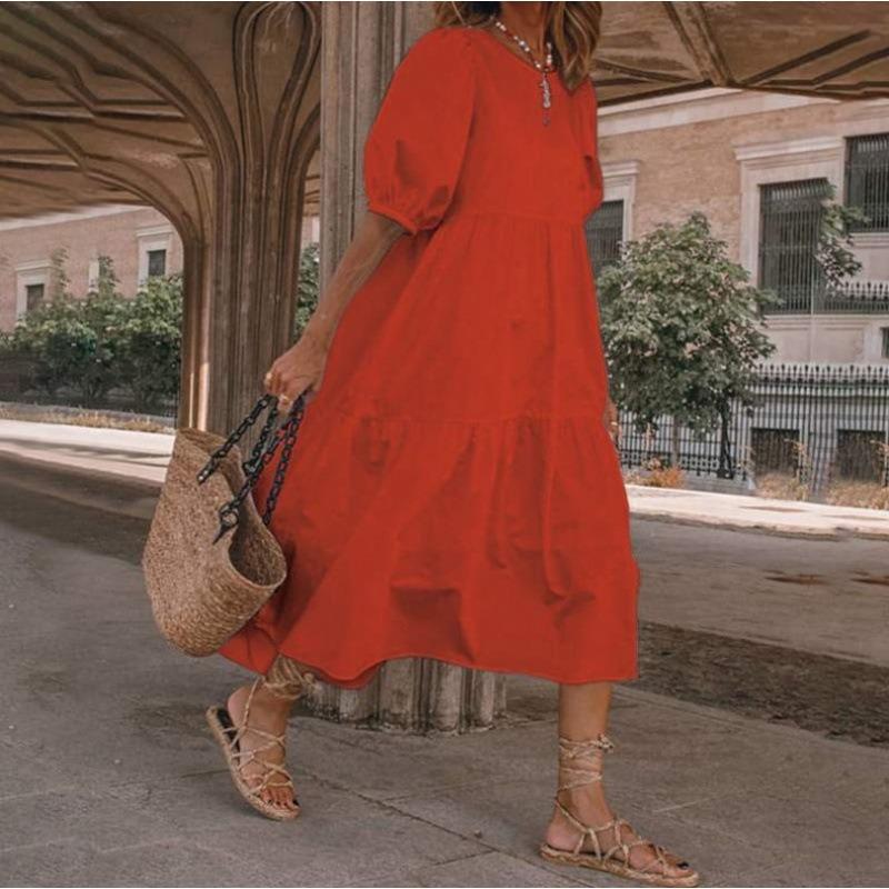 QICED Fashion Summer Spring Solid Color Print Short Sleeve O-Neck Casual Dresses