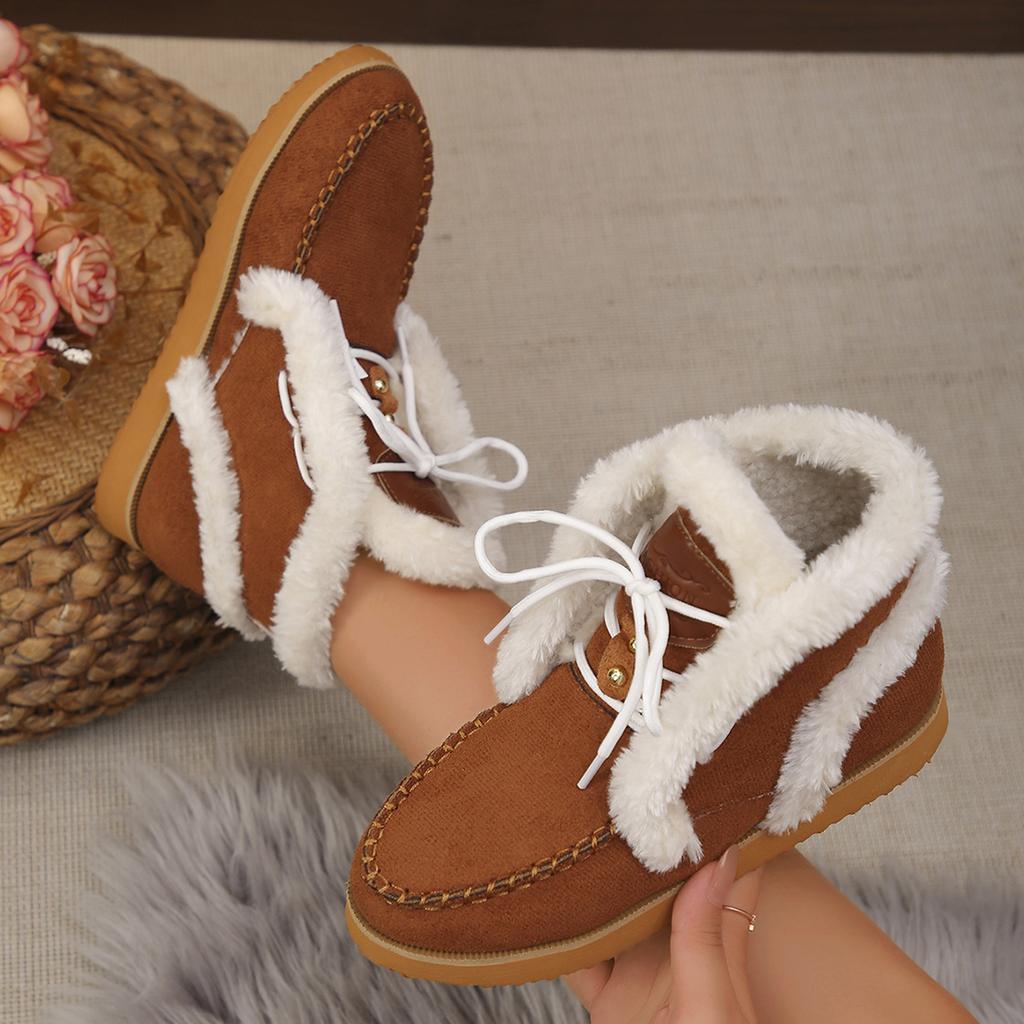 Moda feminina botas de neve de pele sintética quentes, inverno térmico grosso pelúcia botas de tornozelo mulher saltos baixos aconchegantes rendas algodão acolchoado sapatos mulher
