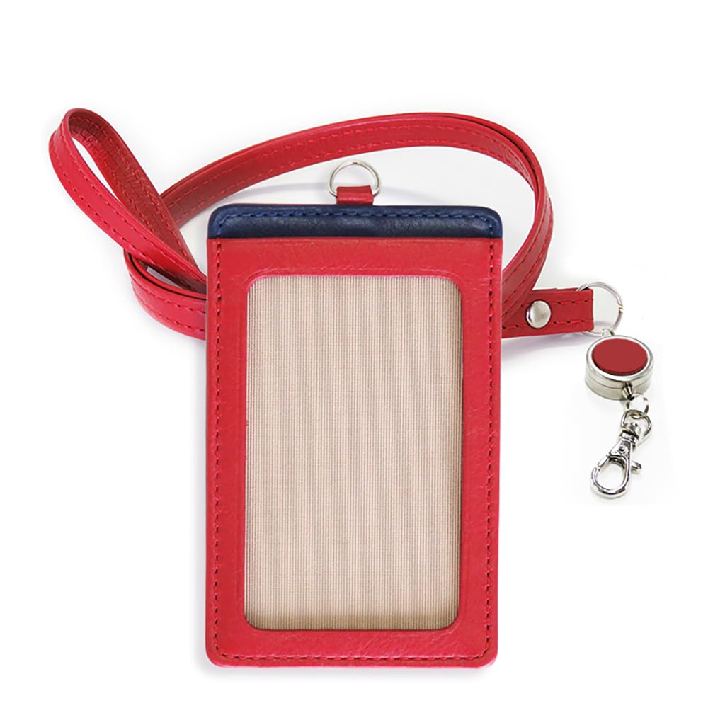 Vertical ID Card Employee ID Card Pass Commuter Pass with Neck Replaceable Genuine Leather Red X (Seal Al) Holder, Case, Case, Holder, Reel, Strap,