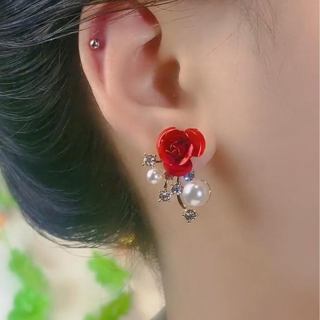 2024 Trendy Red Rose Pearl Stud Earrings: Niche Light Luxury, Super Shiny Design