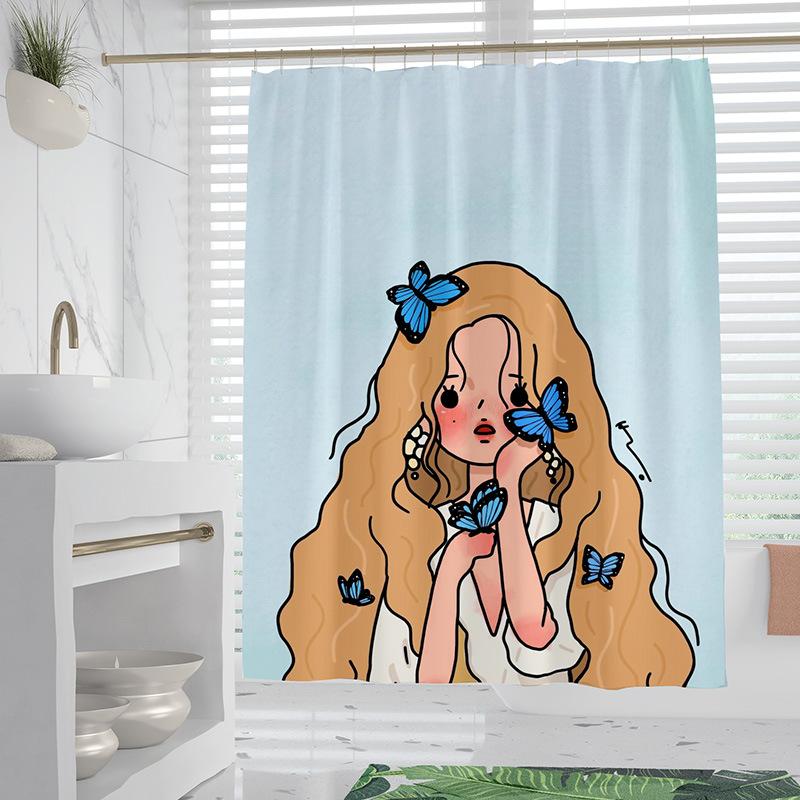 Cartoon Minimalist washable Dirt-Resistant Shower Curtain Shower Head waterproof Polyester Bath Curtain For Home Decor