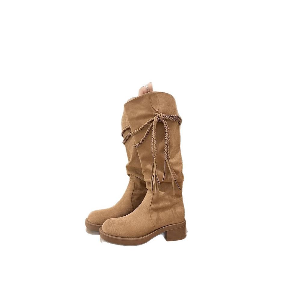 Su Yinyin has the same retro fringed thick heel medium and high boots women's round head versatile western cowboy boots women's stacking boots