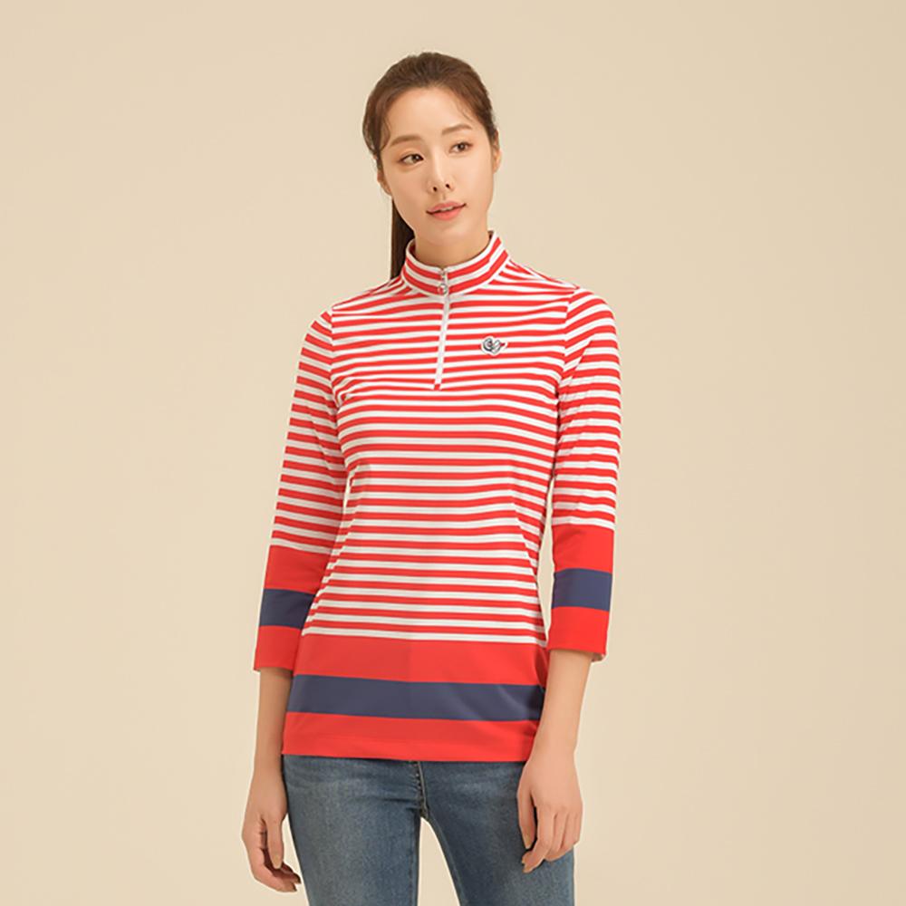 Elle Golf Women S Striped Cropped Sleeve Turtleneck T-Shirt_6H25404 Red_500/090