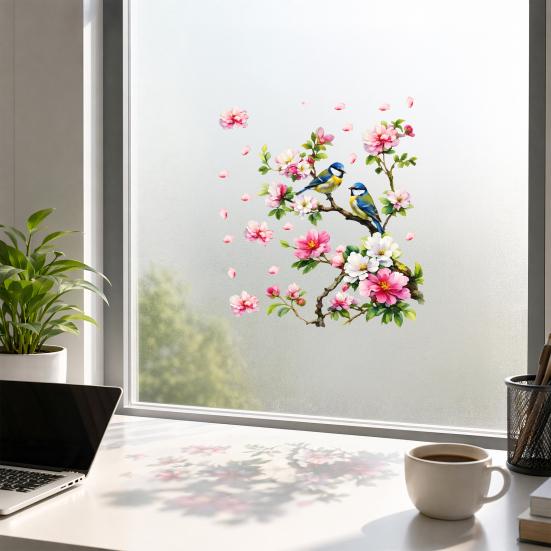 Vögel Blumen Ast Statische Fensteraufkleber, Aquarellvögel auf blühendem Ast Ast Fensteraufkleber, Wiederverwendbare Antikollisions-Doppelseitige Aufkleber für Glas