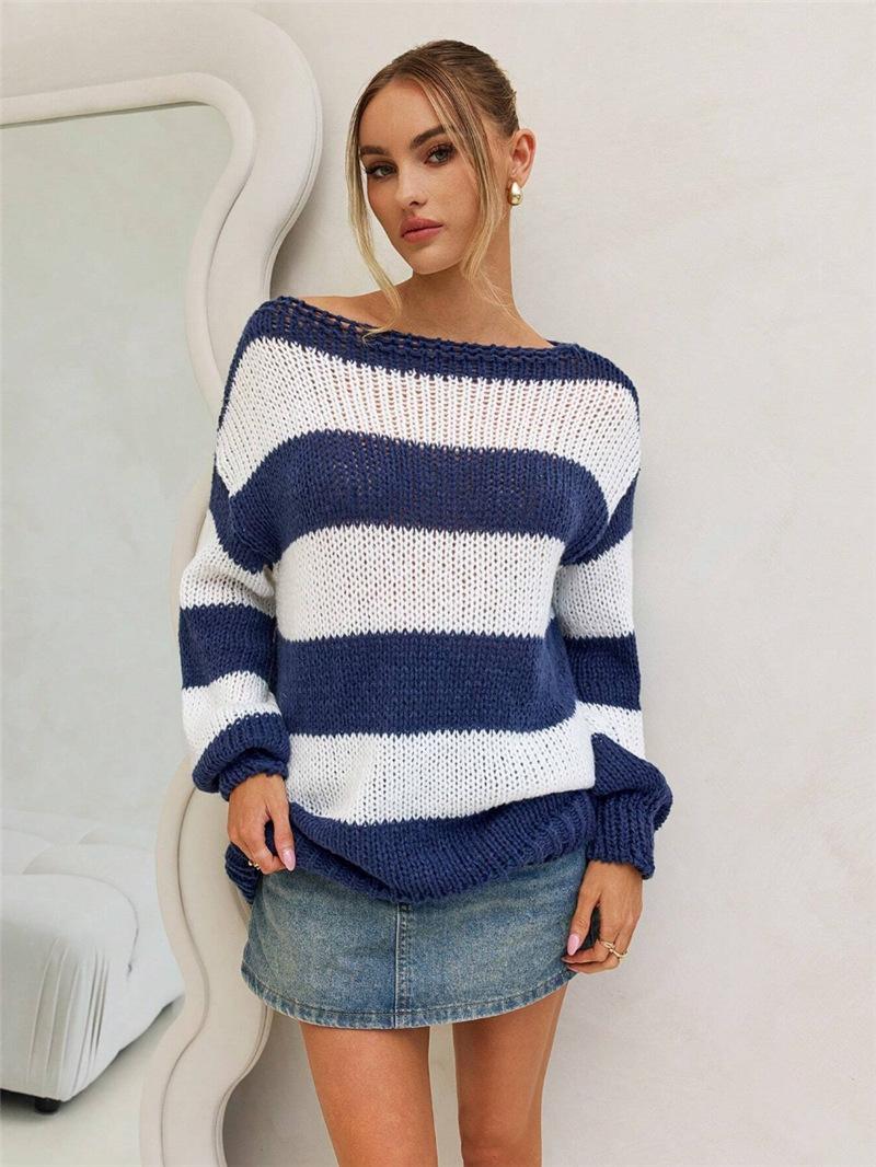 Womens Loose Striped Knit Sweater Casual Pullover Top S