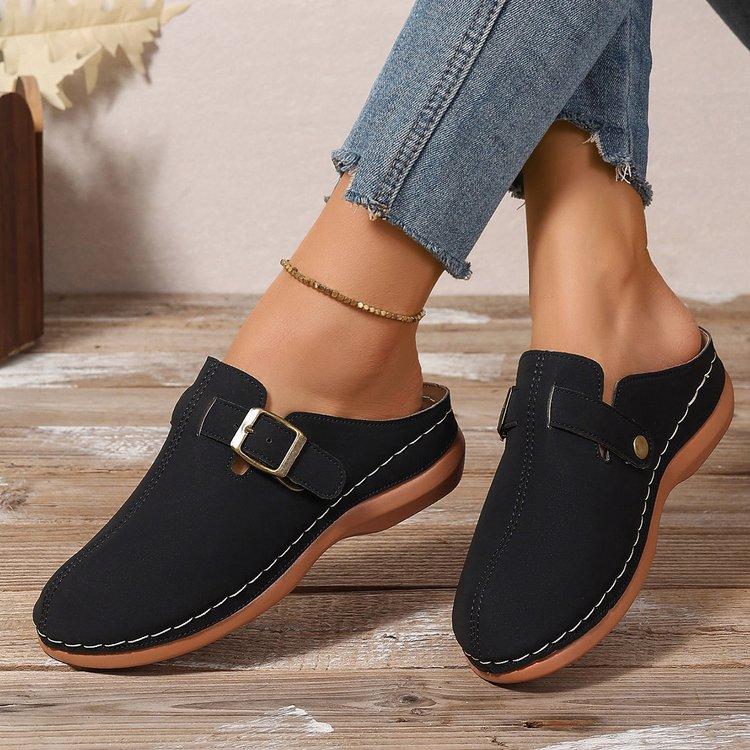 

Large size summer new light outer wear casual slope heel bag head metal buckle solid color half drag women s shoes 36 чорний