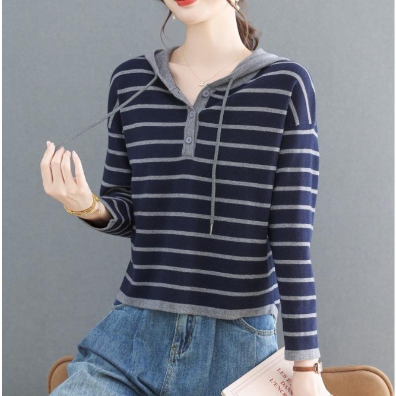 Women S Loose Fit Hooded Striped Pullover Knit Sweater Casual Top