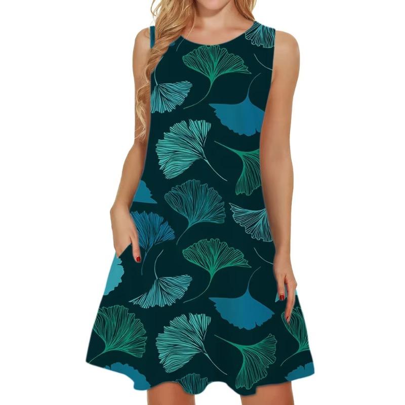 Women'S Elegant Floral Pink Green Leaf Pattern Print Sleeveless A-Line Dress Halloween Costume Oversized Woman Clothing Tops