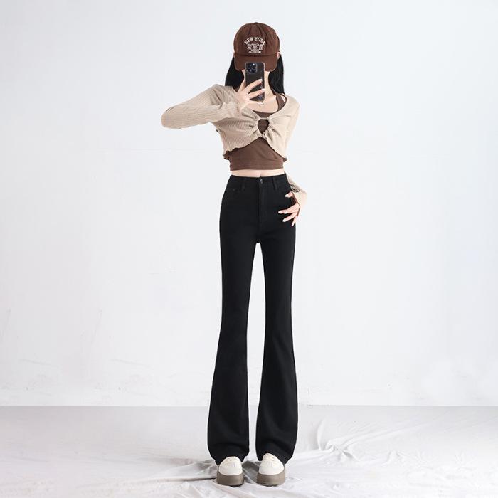 Retro Hong Kong High-Waisted Micro-Flare Floor-Length Pants - 2023 Autumn/Winter Slimming Stretch Denim