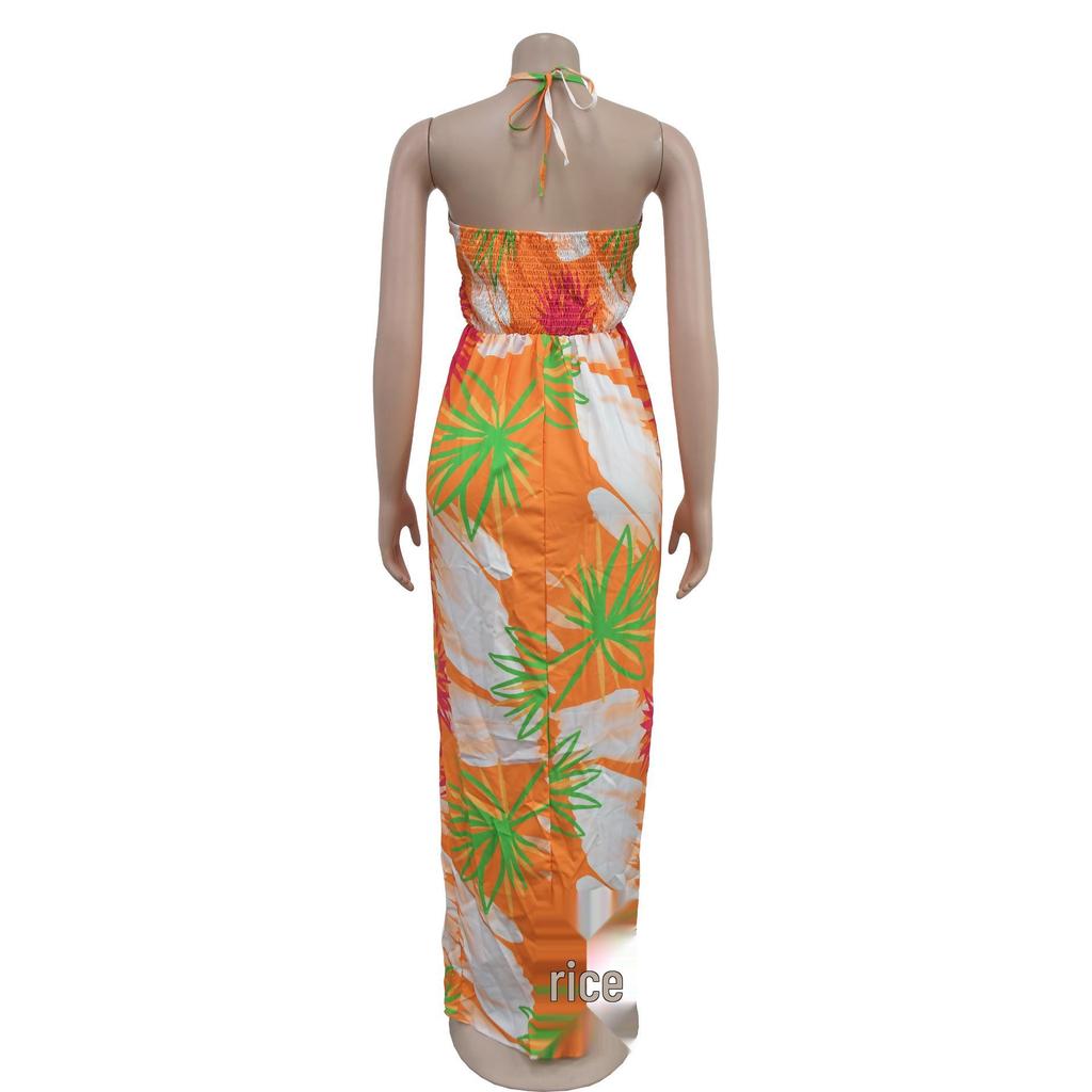 C6921 European & American Style Women's Printed Backless Lace-up Long Dress