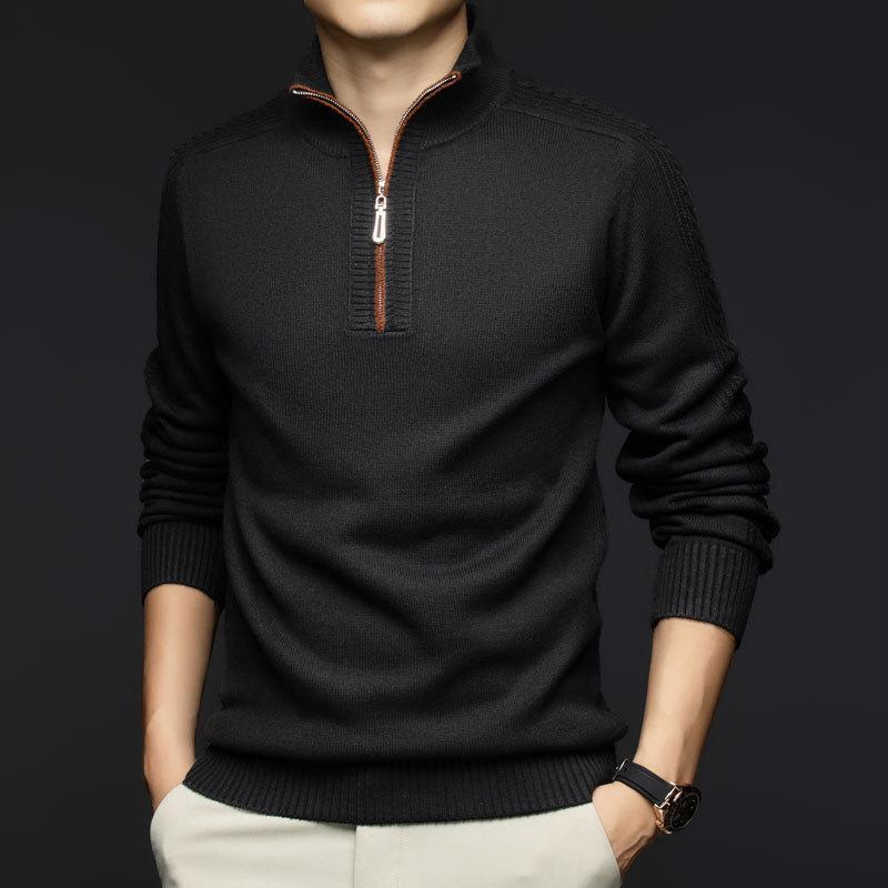 Men's Thick Warm Wool Sweater - Half-Zip, Stand Collar, Long Sleeve, Casual Knitwear