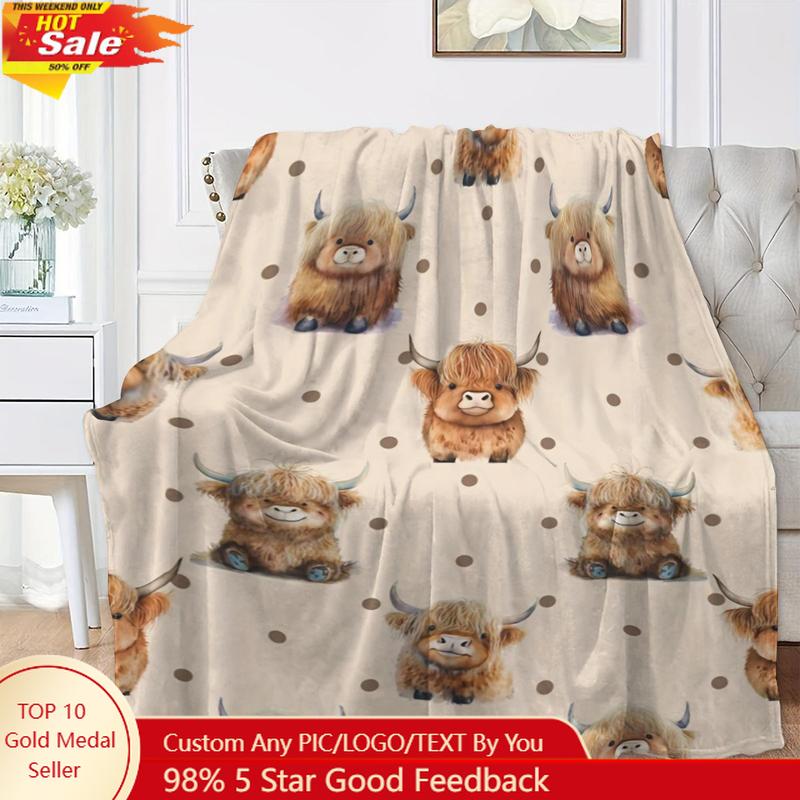 Creative Homewares Unisex Cute Highland Cow Printed Flannel Blanket Softwarm Napping Throw Blanket For Home Office Cool Custom Blankets