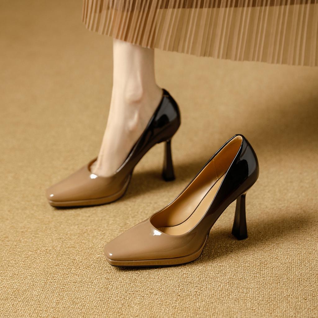 European and American banquet waterproof table high heels 2026 spring and autumn patent leather color matching square head thin heel light mouth
