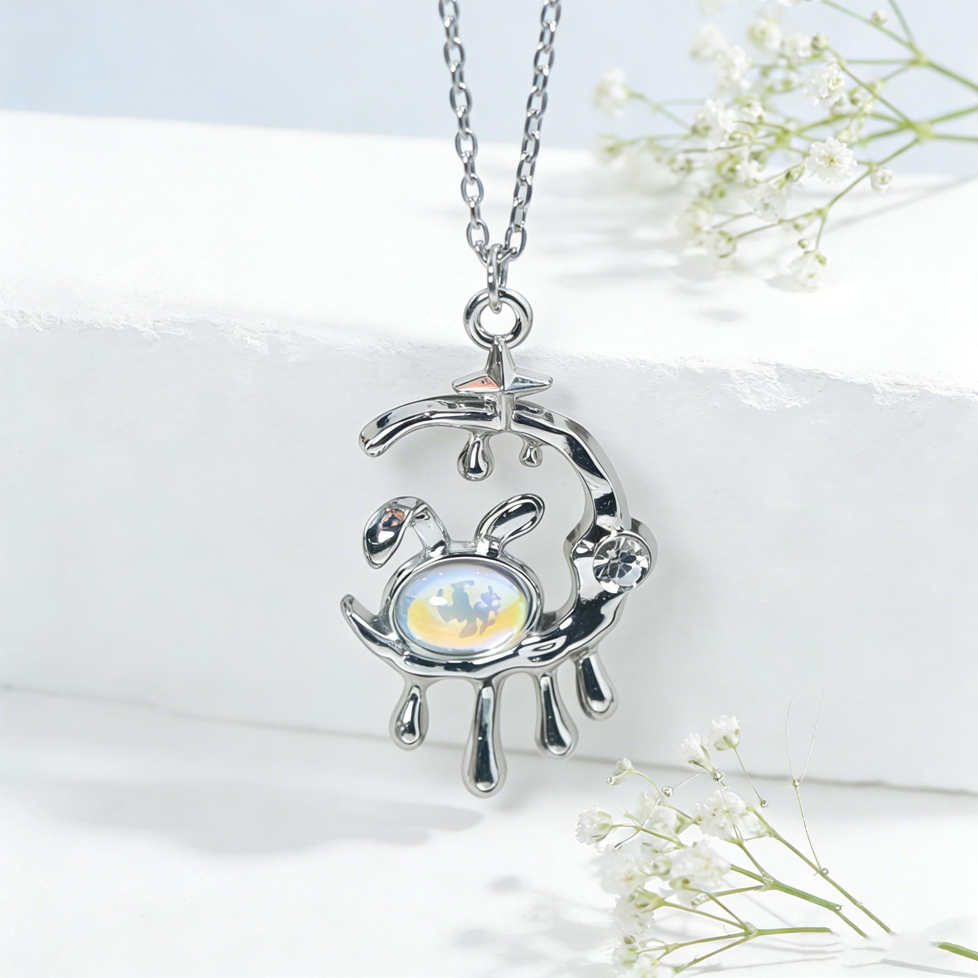 Sweet Starry Sky Jade Rabbit Iridescent Moonstone Choker Necklace