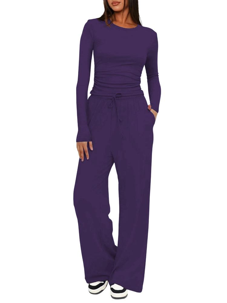 Solid Color Casual Long Sleeve Set Top High Waisted Wide Leg Pants Sportswear