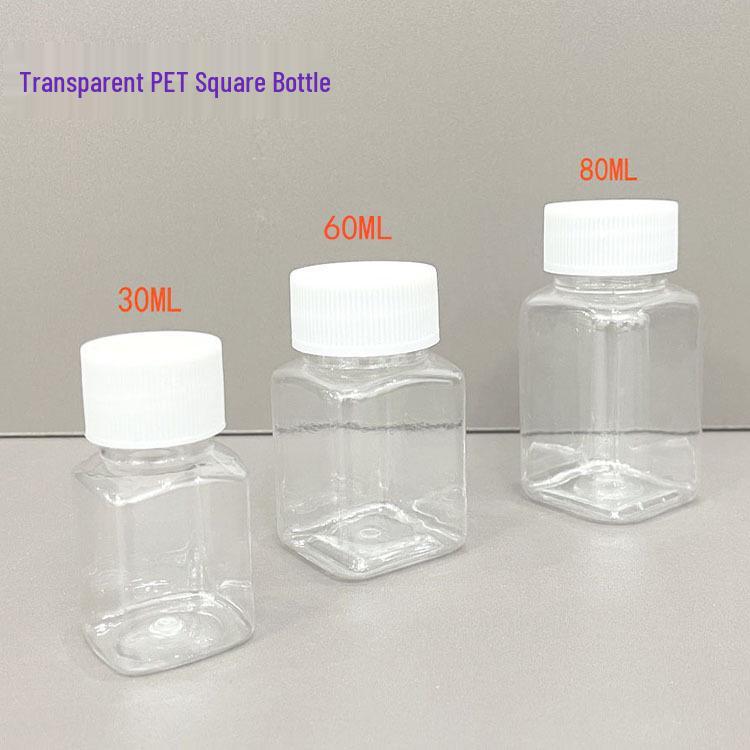 PET Plastic Bottles - 30ml, 60ml, 80ml Transparent Wide-Mouth for Capsules, Medicine, or Fish Bait Dispensers. 30ml; Transparent Square Bottle